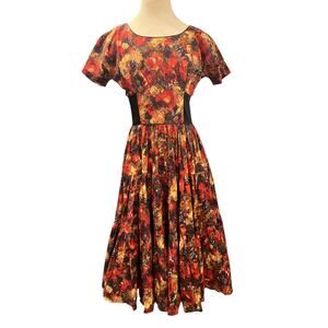 Vtg Square Dance Dress Size S Dark Floral Red Brown Black Retro Handmade Unique